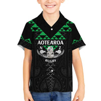 Personalised Aotearoa Rugby Family Matching Puletasi and Hawaiian Shirt New Zealand Maori Kete Matauranga Pattern LT14 Son's Shirt Black - Polynesian Pride