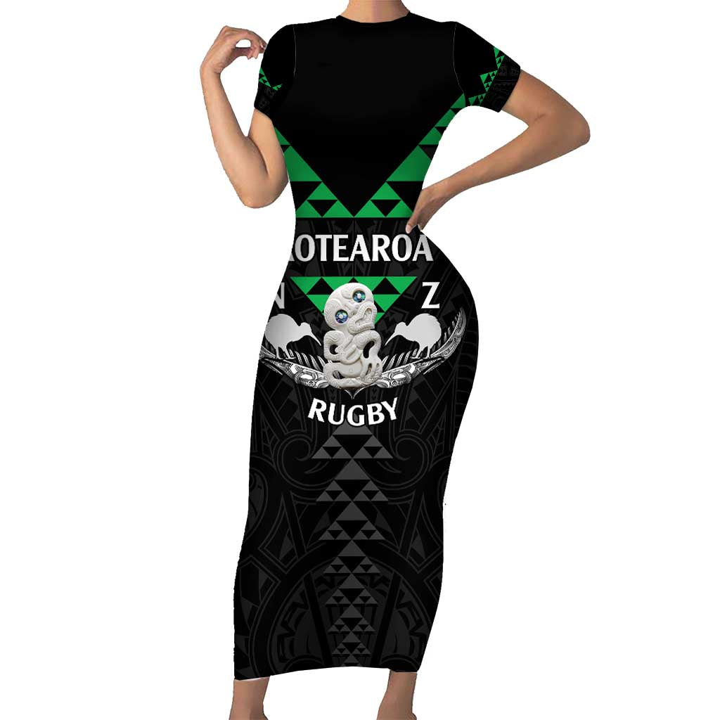 Personalised Aotearoa Rugby Family Matching Short Sleeve Bodycon Dress and Hawaiian Shirt New Zealand Maori Kete Matauranga Pattern LT14 Mom's Dress Black - Polynesian Pride