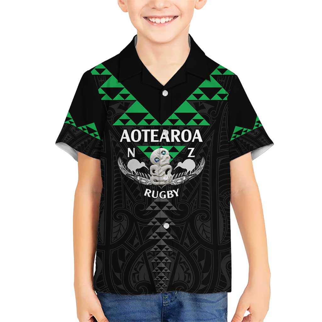 Personalised Aotearoa Rugby Kid Hawaiian Shirt New Zealand Maori Kete Matauranga Pattern LT14 Kid Black - Polynesian Pride