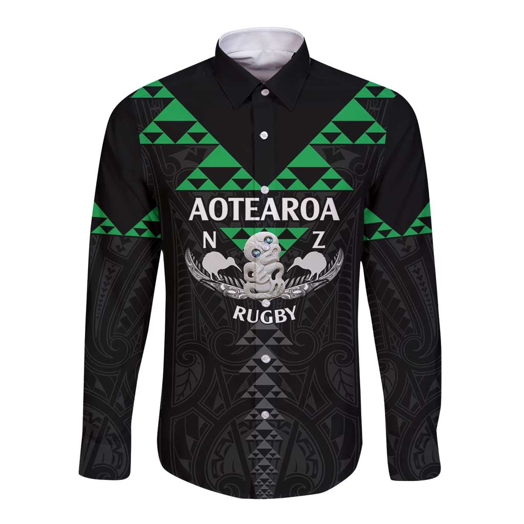 Personalised Aotearoa Rugby Long Sleeve Button Shirt New Zealand Maori Kete Matauranga Pattern LT14 Unisex Black - Polynesian Pride