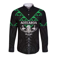 Personalised Aotearoa Rugby Long Sleeve Button Shirt New Zealand Maori Kete Matauranga Pattern LT14 Unisex Black - Polynesian Pride