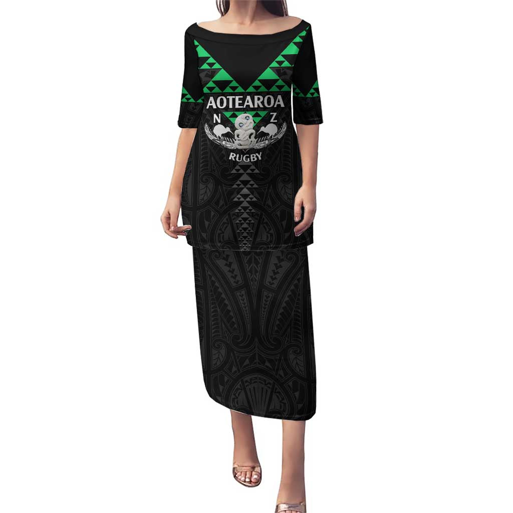 Personalised Aotearoa Rugby Puletasi New Zealand Maori Kete Matauranga Pattern LT14 Long Dress Black - Polynesian Pride
