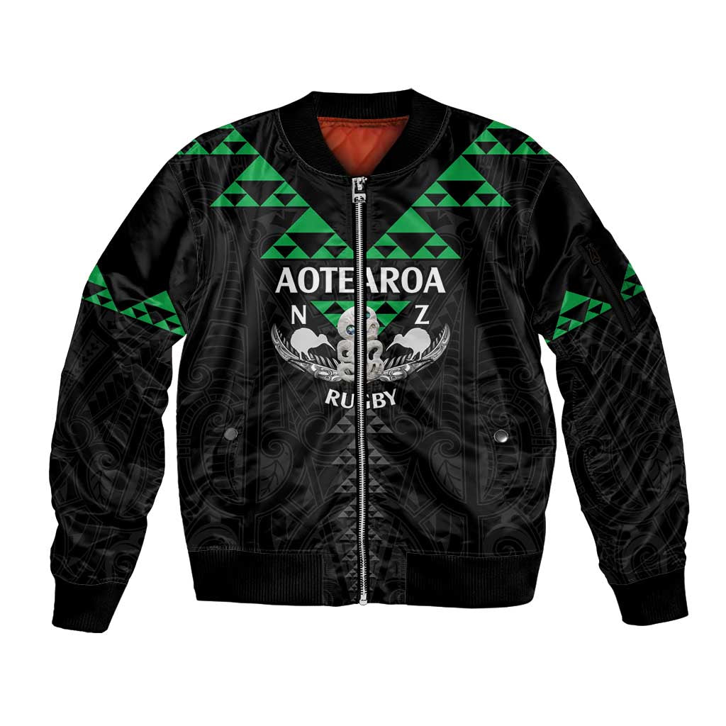 Personalised Aotearoa Rugby Sleeve Zip Bomber Jacket New Zealand Maori Kete Matauranga Pattern LT14 Unisex Black - Polynesian Pride