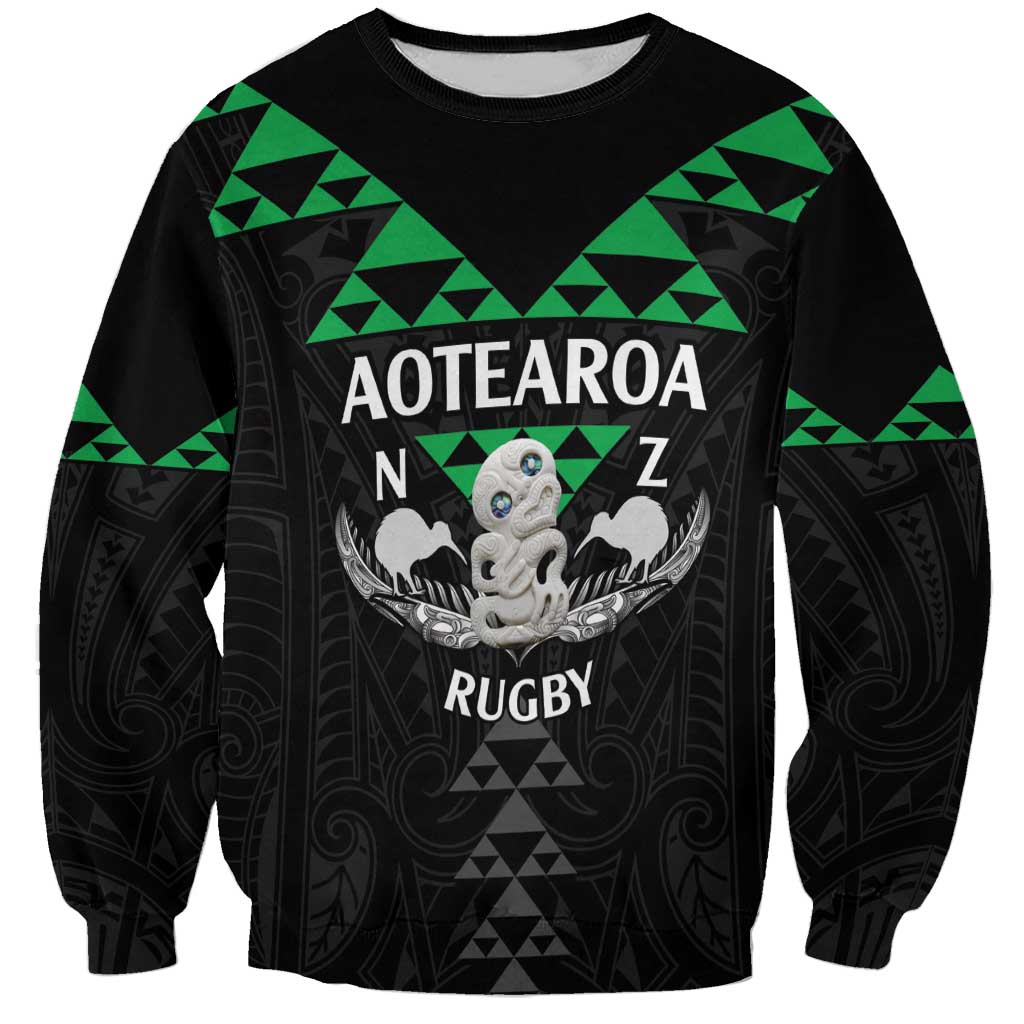 Personalised Aotearoa Rugby Sweatshirt New Zealand Maori Kete Matauranga Pattern LT14 Unisex Black - Polynesian Pride