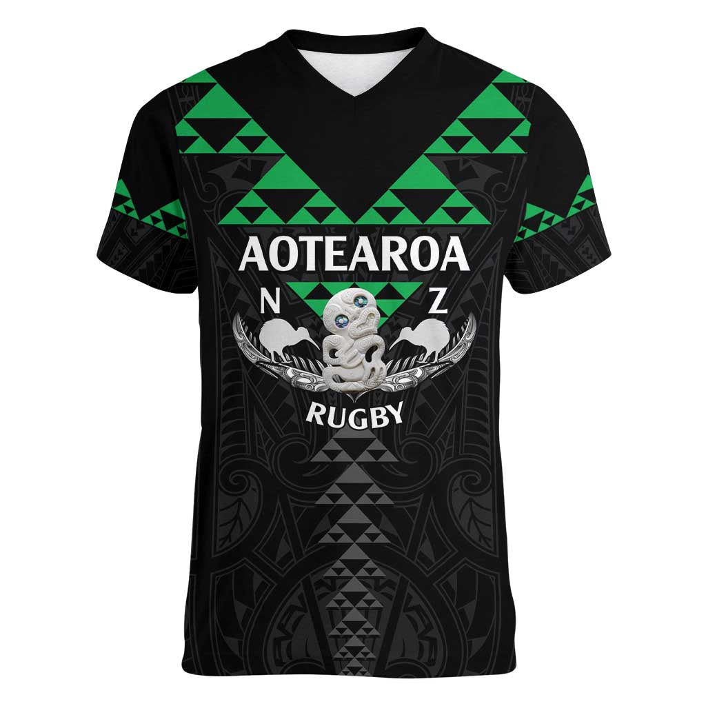 Personalised Aotearoa Rugby Women V-Neck T-Shirt New Zealand Maori Kete Matauranga Pattern