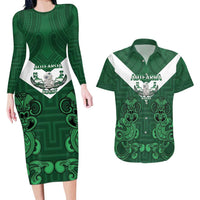 Custom Aotearoa Rugby Couples Matching Long Sleeve Bodycon Dress and Hawaiian Shirt New Zealand Maori Kete Poutama Pattern LT14 Green - Polynesian Pride