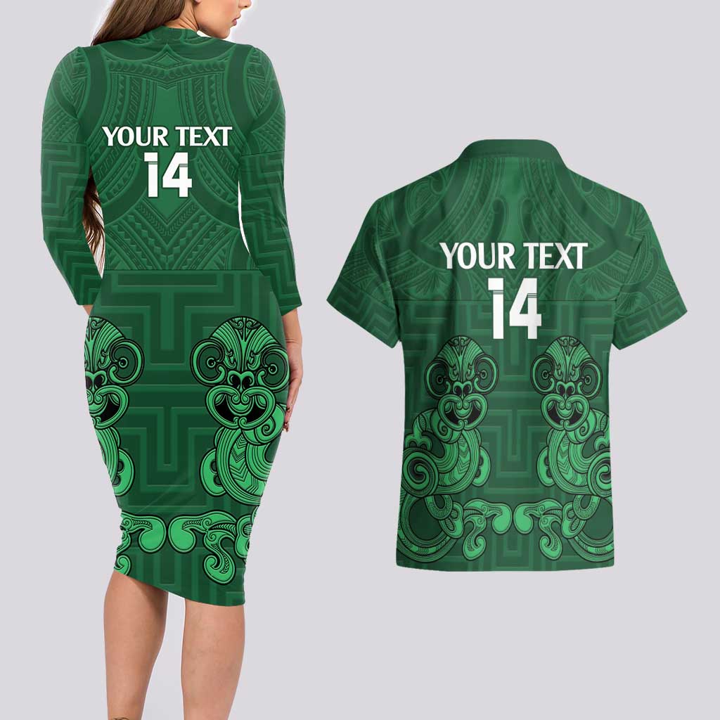 Custom Aotearoa Rugby Couples Matching Long Sleeve Bodycon Dress and Hawaiian Shirt New Zealand Maori Kete Poutama Pattern LT14 - Polynesian Pride
