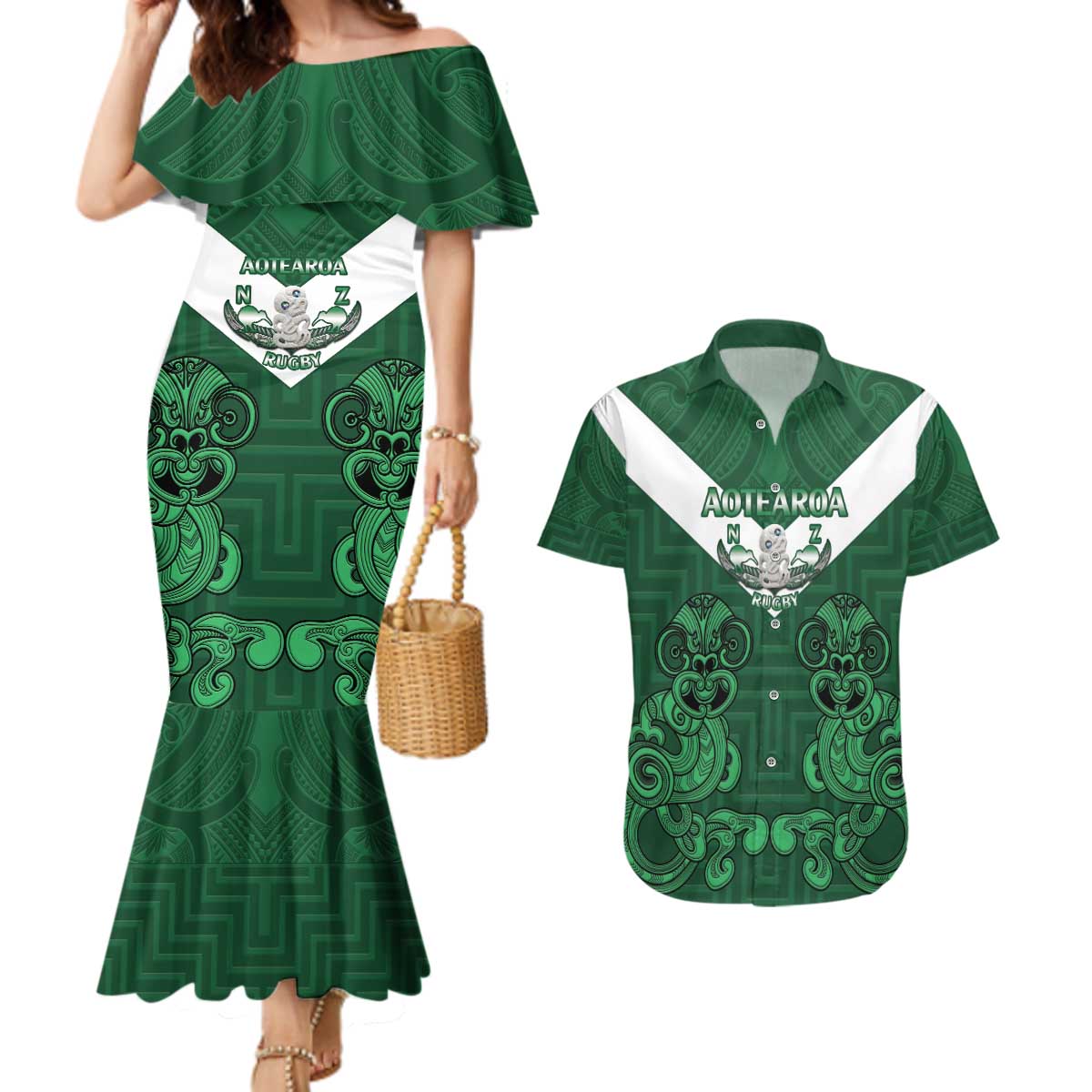 Custom Aotearoa Rugby Couples Matching Mermaid Dress and Hawaiian Shirt New Zealand Maori Kete Poutama Pattern LT14 Green - Polynesian Pride