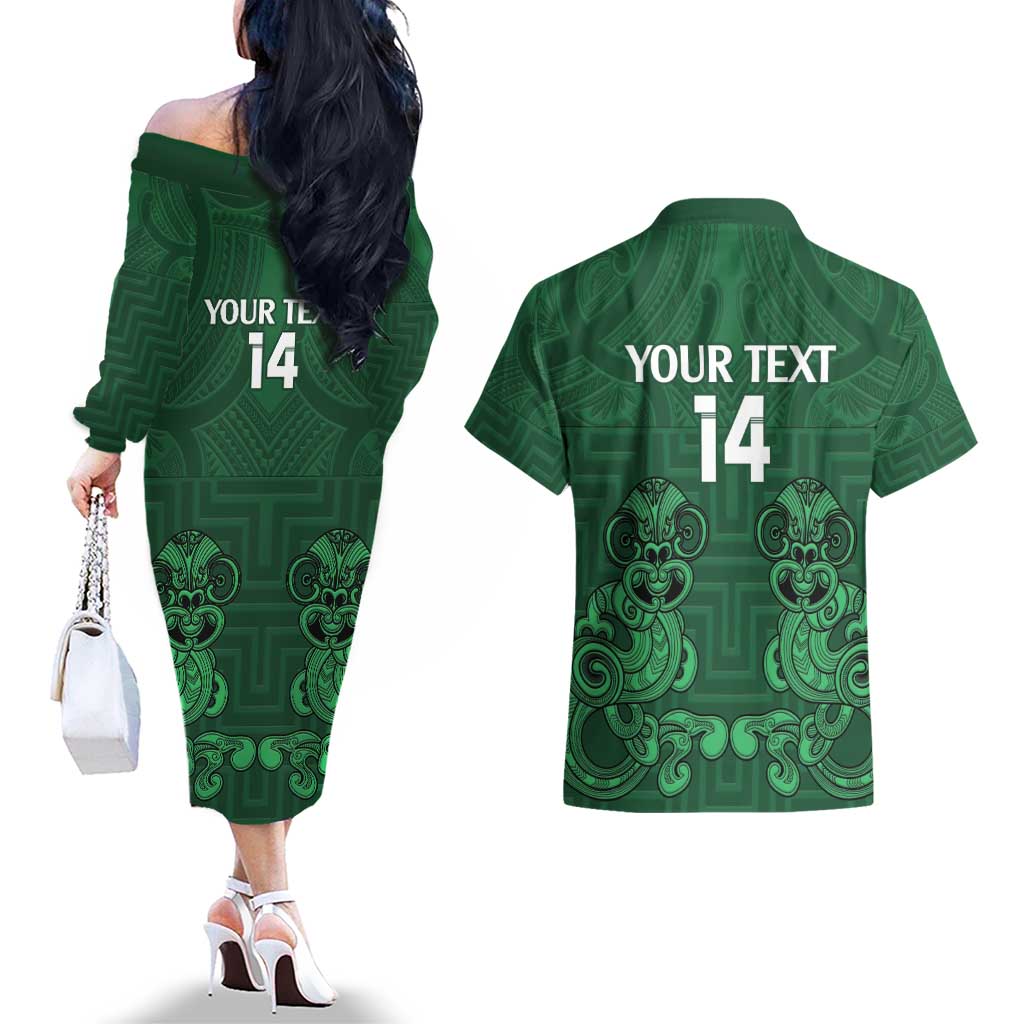 Custom Aotearoa Rugby Couples Matching Off The Shoulder Long Sleeve Dress and Hawaiian Shirt New Zealand Maori Kete Poutama Pattern LT14 - Polynesian Pride