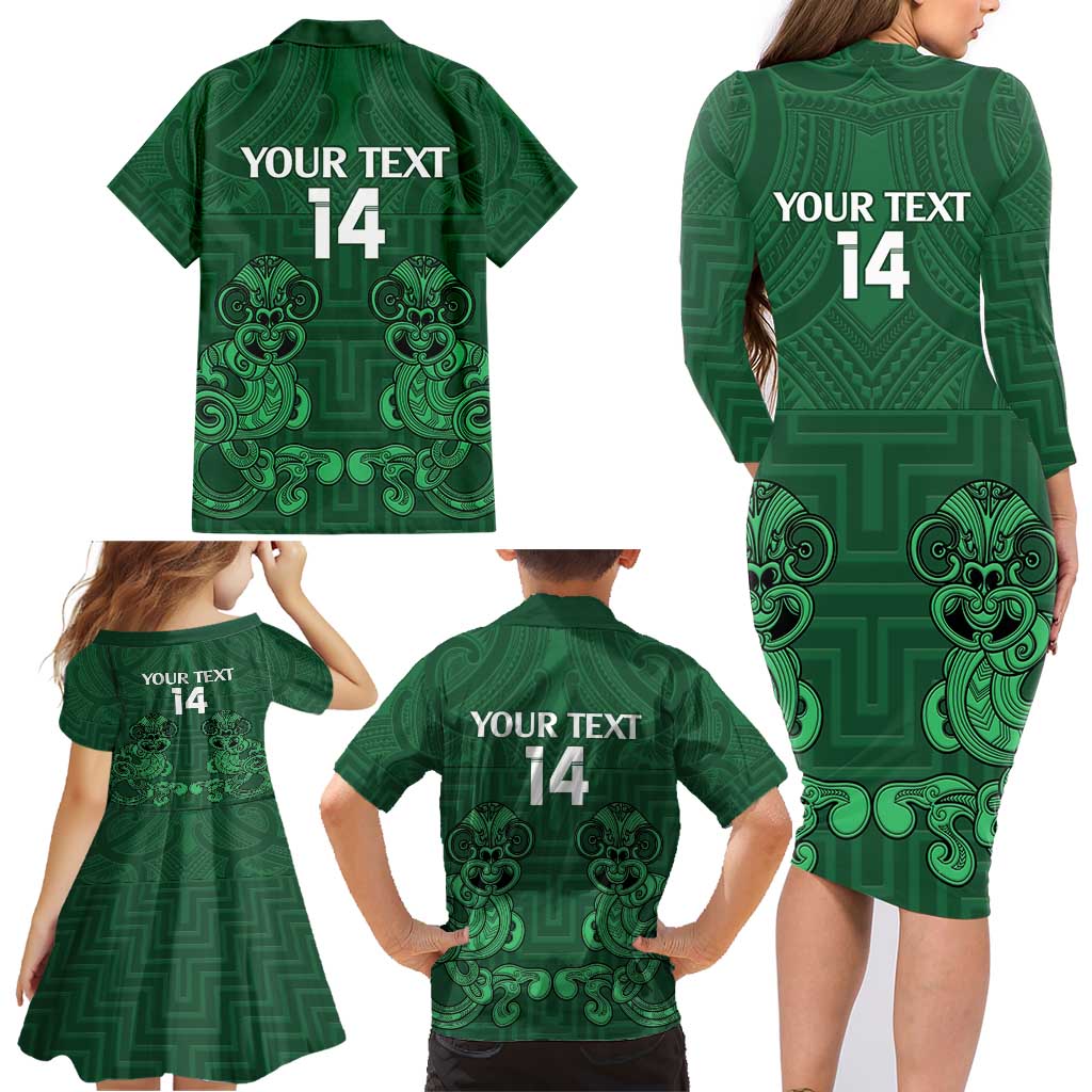 Custom Aotearoa Rugby Family Matching Long Sleeve Bodycon Dress and Hawaiian Shirt New Zealand Maori Kete Poutama Pattern LT14 - Polynesian Pride