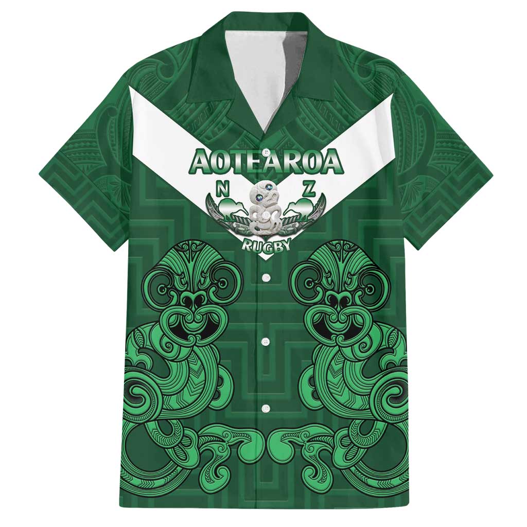 Custom Aotearoa Rugby Family Matching Long Sleeve Bodycon Dress and Hawaiian Shirt New Zealand Maori Kete Poutama Pattern LT14 Dad's Shirt - Short Sleeve Green - Polynesian Pride
