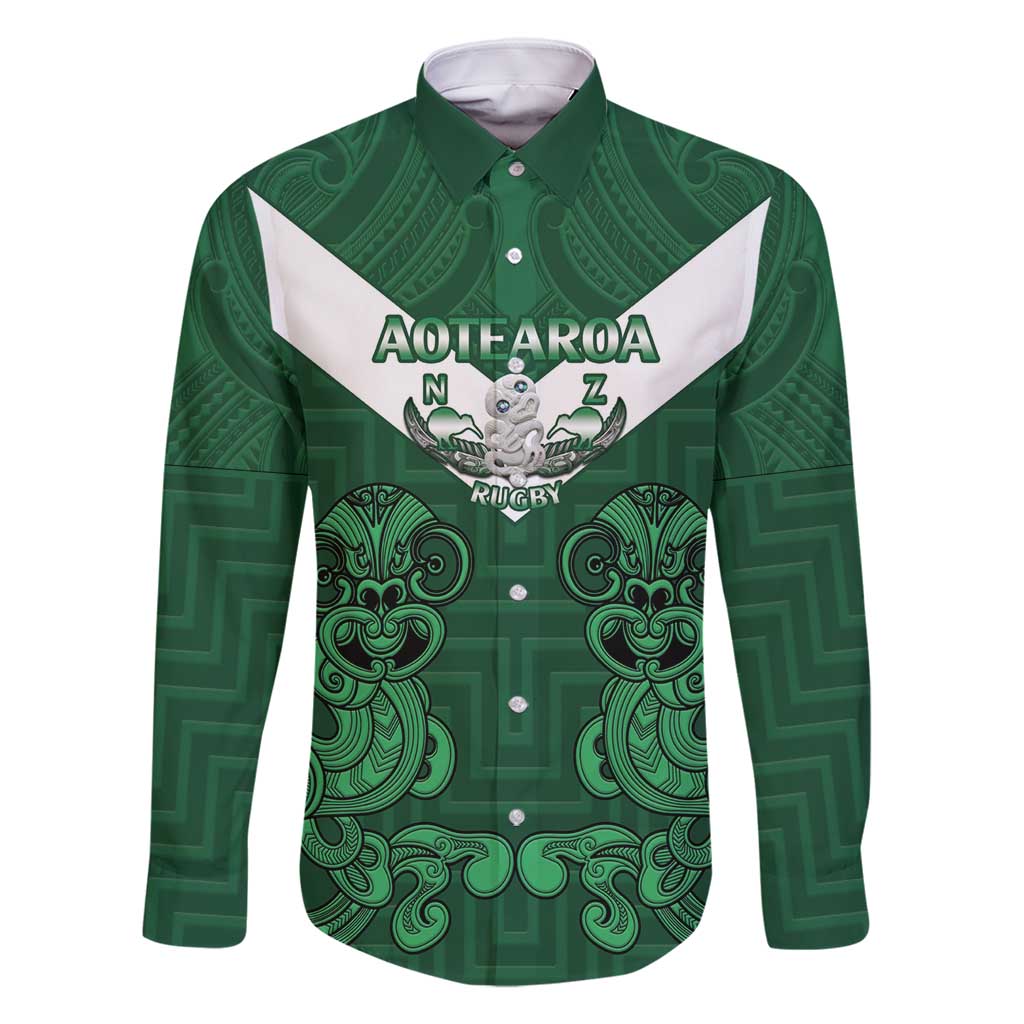 Custom Aotearoa Rugby Family Matching Long Sleeve Bodycon Dress and Hawaiian Shirt New Zealand Maori Kete Poutama Pattern LT14 Dad's Shirt - Long Sleeve Green - Polynesian Pride