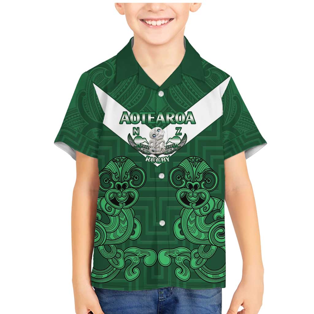 Custom Aotearoa Rugby Family Matching Mermaid Dress and Hawaiian Shirt New Zealand Maori Kete Poutama Pattern LT14 Son's Shirt Green - Polynesian Pride