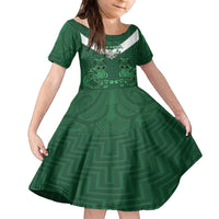 Custom Aotearoa Rugby Family Matching Off The Shoulder Long Sleeve Dress and Hawaiian Shirt New Zealand Maori Kete Poutama Pattern LT14 Daughter's Dress Green - Polynesian Pride