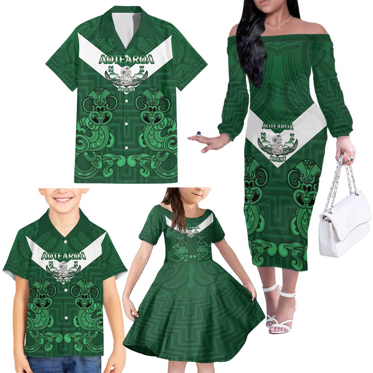 Custom Aotearoa Rugby Family Matching Off The Shoulder Long Sleeve Dress and Hawaiian Shirt New Zealand Maori Kete Poutama Pattern LT14 - Polynesian Pride
