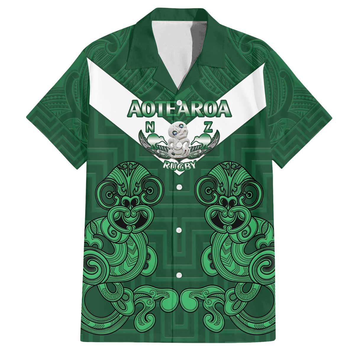 Custom Aotearoa Rugby Family Matching Off The Shoulder Long Sleeve Dress and Hawaiian Shirt New Zealand Maori Kete Poutama Pattern LT14 Dad's Shirt - Short Sleeve Green - Polynesian Pride