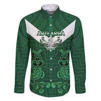 Custom Aotearoa Rugby Family Matching Off The Shoulder Long Sleeve Dress and Hawaiian Shirt New Zealand Maori Kete Poutama Pattern LT14 Dad's Shirt - Long Sleeve Green - Polynesian Pride