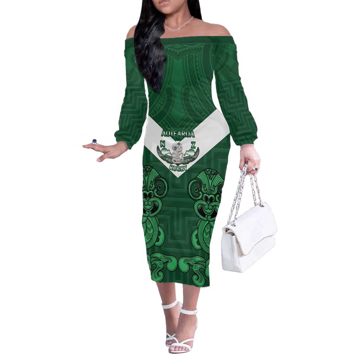 Custom Aotearoa Rugby Family Matching Off The Shoulder Long Sleeve Dress and Hawaiian Shirt New Zealand Maori Kete Poutama Pattern LT14 Mom's Dress Green - Polynesian Pride