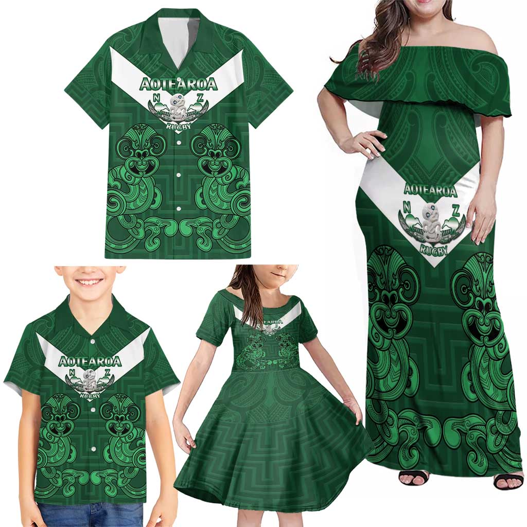 Custom Aotearoa Rugby Family Matching Off Shoulder Maxi Dress and Hawaiian Shirt New Zealand Maori Kete Poutama Pattern LT14 - Polynesian Pride