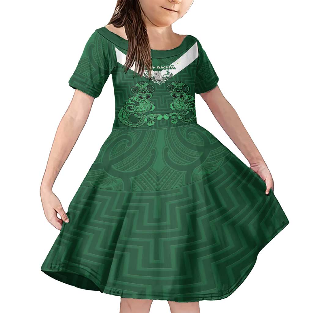 Custom Aotearoa Rugby Family Matching Summer Maxi Dress and Hawaiian Shirt New Zealand Maori Kete Poutama Pattern LT14 Daughter's Dress Green - Polynesian Pride