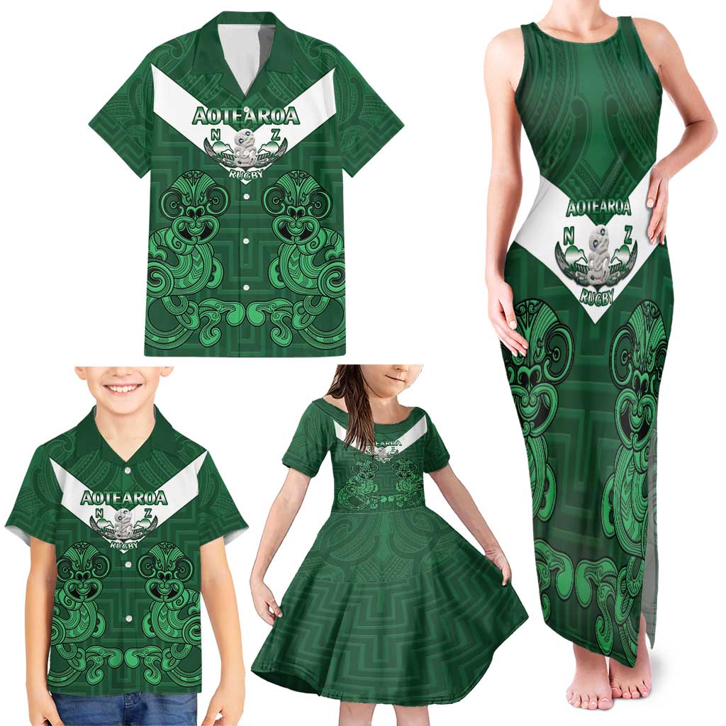 Custom Aotearoa Rugby Family Matching Tank Maxi Dress and Hawaiian Shirt New Zealand Maori Kete Poutama Pattern LT14 - Polynesian Pride
