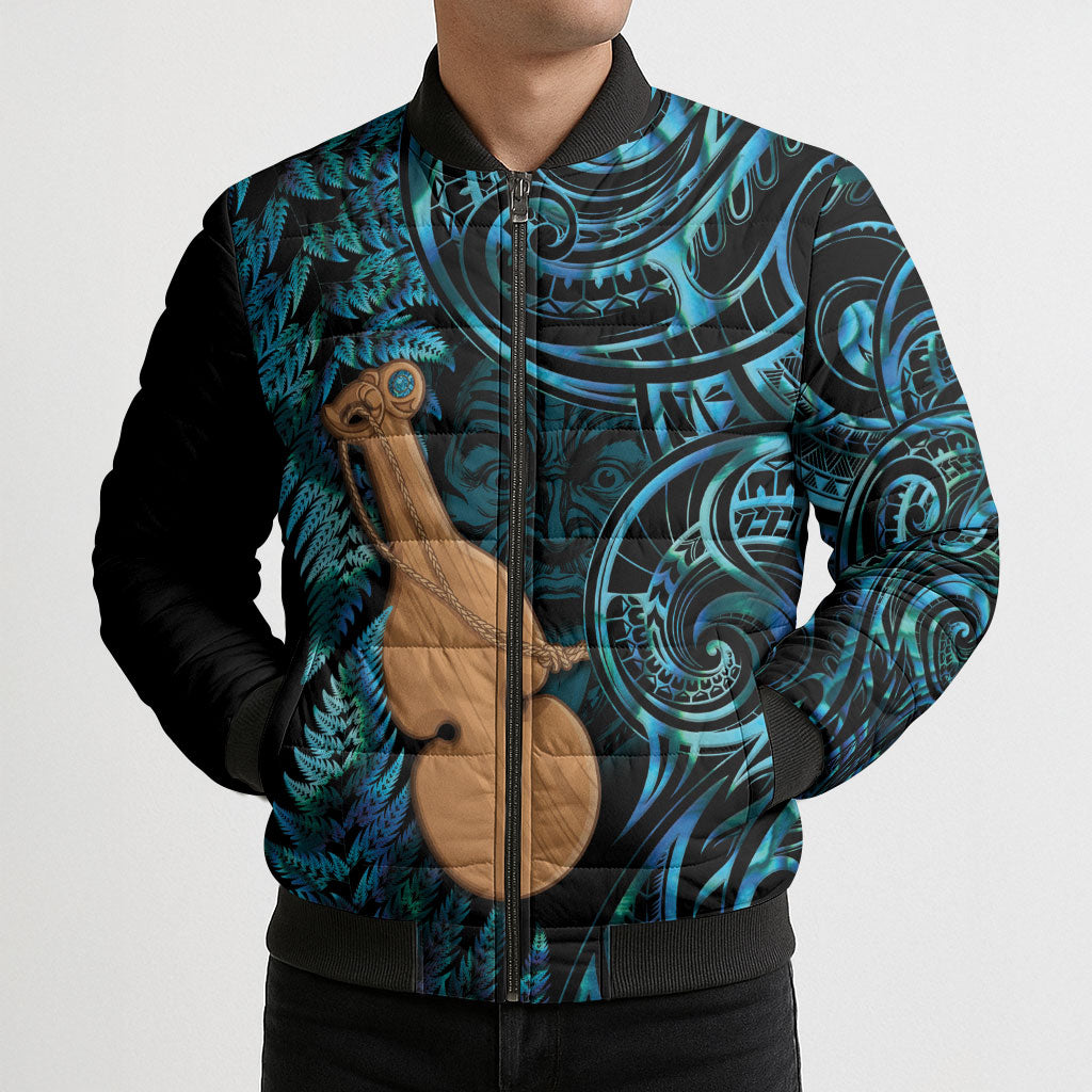 Kotiate New Zealand Bomber Puffer Jacket Maori Weapon Paua Shell Haka Fern