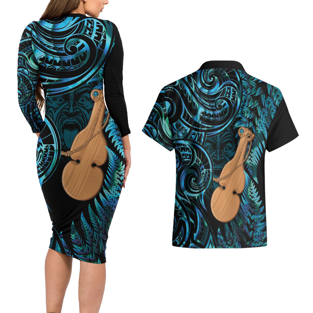 Kotiate New Zealand Couples Matching Long Sleeve Bodycon Dress and Hawaiian Shirt Maori Weapon Paua Shell Haka Fern LT14 - Polynesian Pride