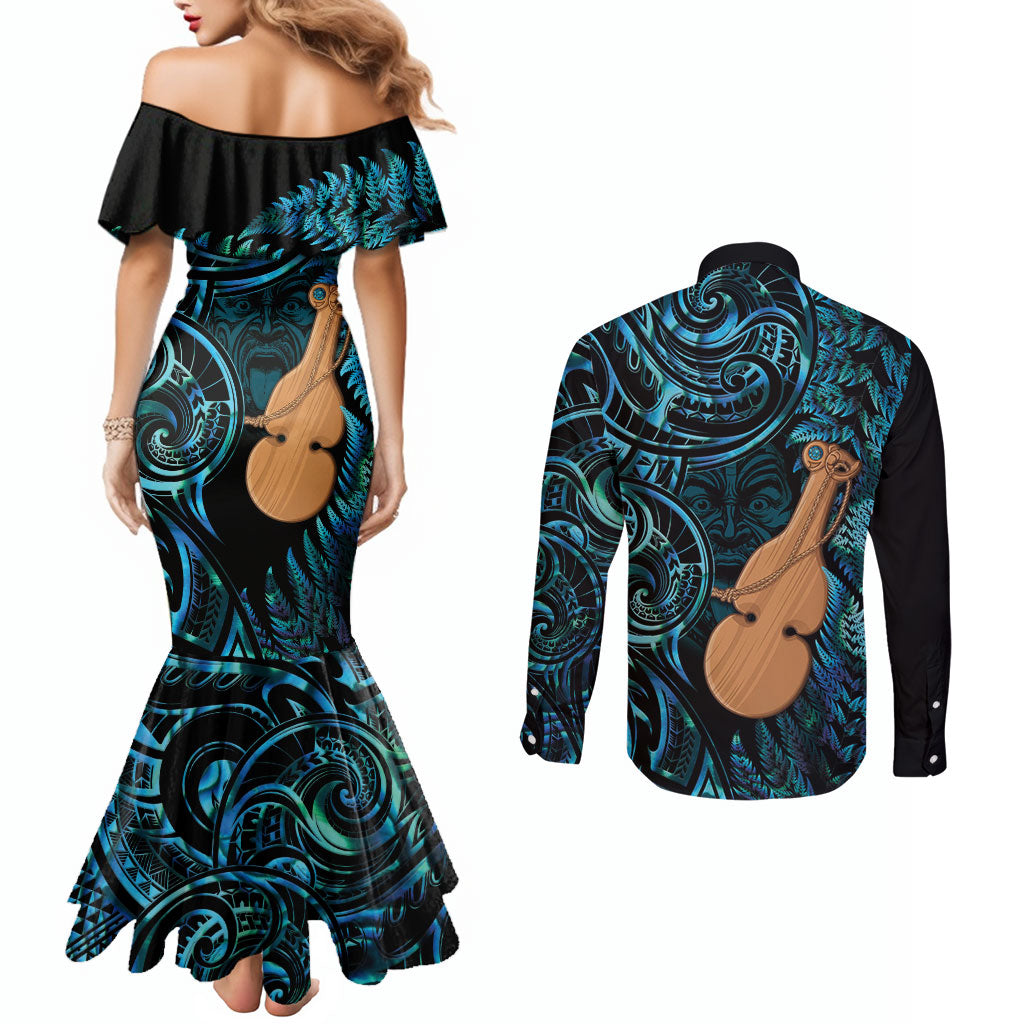 Kotiate New Zealand Couples Matching Mermaid Dress and Long Sleeve Button Shirt Maori Weapon Paua Shell Haka Fern
