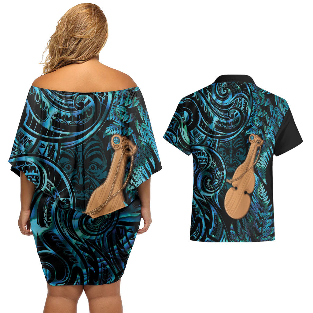 Kotiate New Zealand Couples Matching Off Shoulder Short Dress and Hawaiian Shirt Maori Weapon Paua Shell Haka Fern LT14 - Polynesian Pride