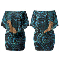 Kotiate New Zealand Couples Matching Off Shoulder Short Dress and Long Sleeve Button Shirt Maori Weapon Paua Shell Haka Fern LT14 - Polynesian Pride