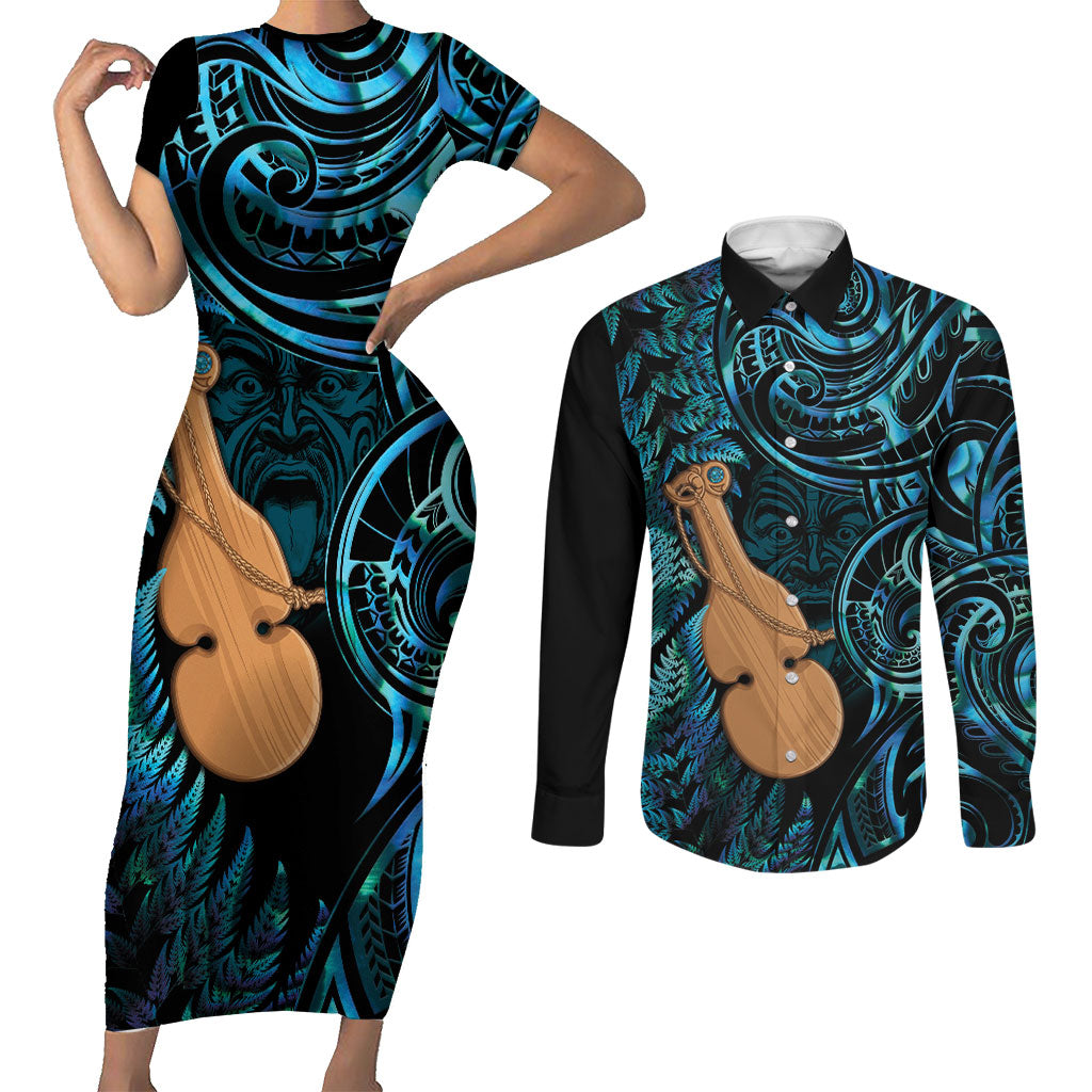 Kotiate New Zealand Couples Matching Short Sleeve Bodycon Dress and Long Sleeve Button Shirt Maori Weapon Paua Shell Haka Fern
