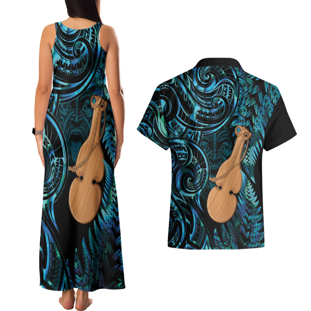 Kotiate New Zealand Couples Matching Tank Maxi Dress and Hawaiian Shirt Maori Weapon Paua Shell Haka Fern