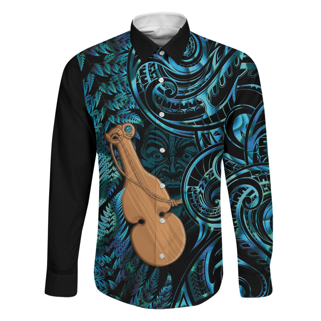 Kotiate New Zealand Family Matching Off The Shoulder Long Sleeve Dress and Hawaiian Shirt Maori Weapon Paua Shell Haka Fern LT14 Dad's Shirt - Long Sleeve Turquoise - Polynesian Pride