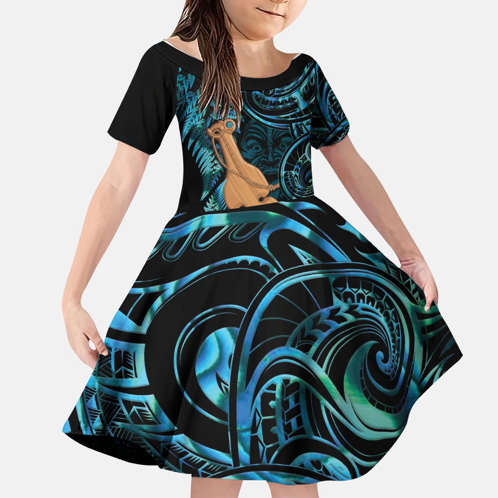 Kotiate New Zealand Family Matching Summer Maxi Dress and Hawaiian Shirt Maori Weapon Paua Shell Haka Fern LT14 Daughter's Dress Turquoise - Polynesian Pride