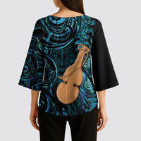 Kotiate New Zealand Kimono Sleeve Blouse Maori Weapon Paua Shell Haka Fern