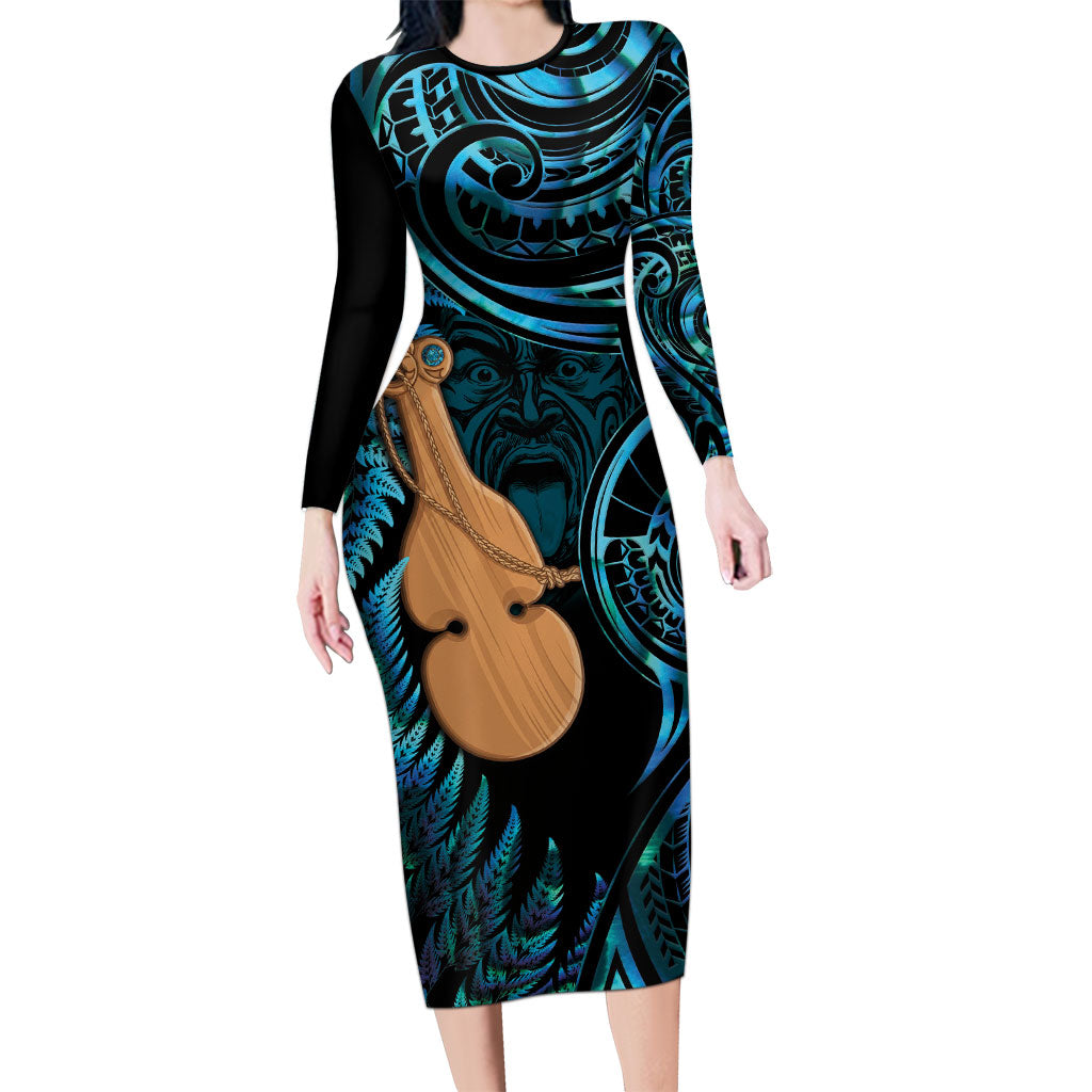 Kotiate New Zealand Long Sleeve Bodycon Dress Maori Weapon Paua Shell Haka Fern