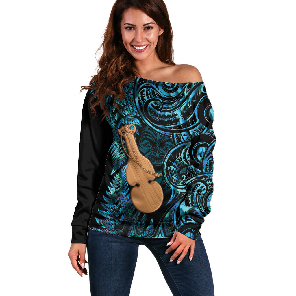Kotiate New Zealand Off Shoulder Sweater Maori Weapon Paua Shell Haka Fern