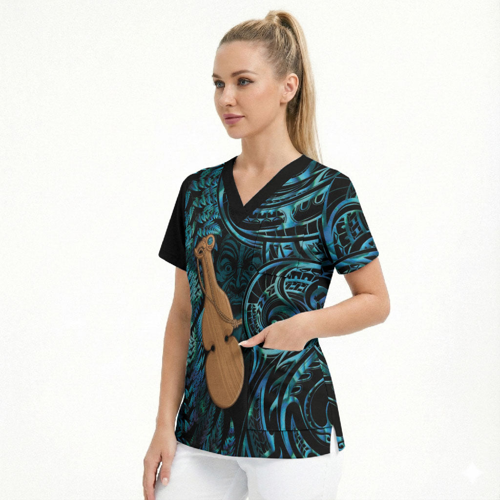 Kotiate New Zealand Scrub Top Maori Weapon Paua Shell Haka Fern