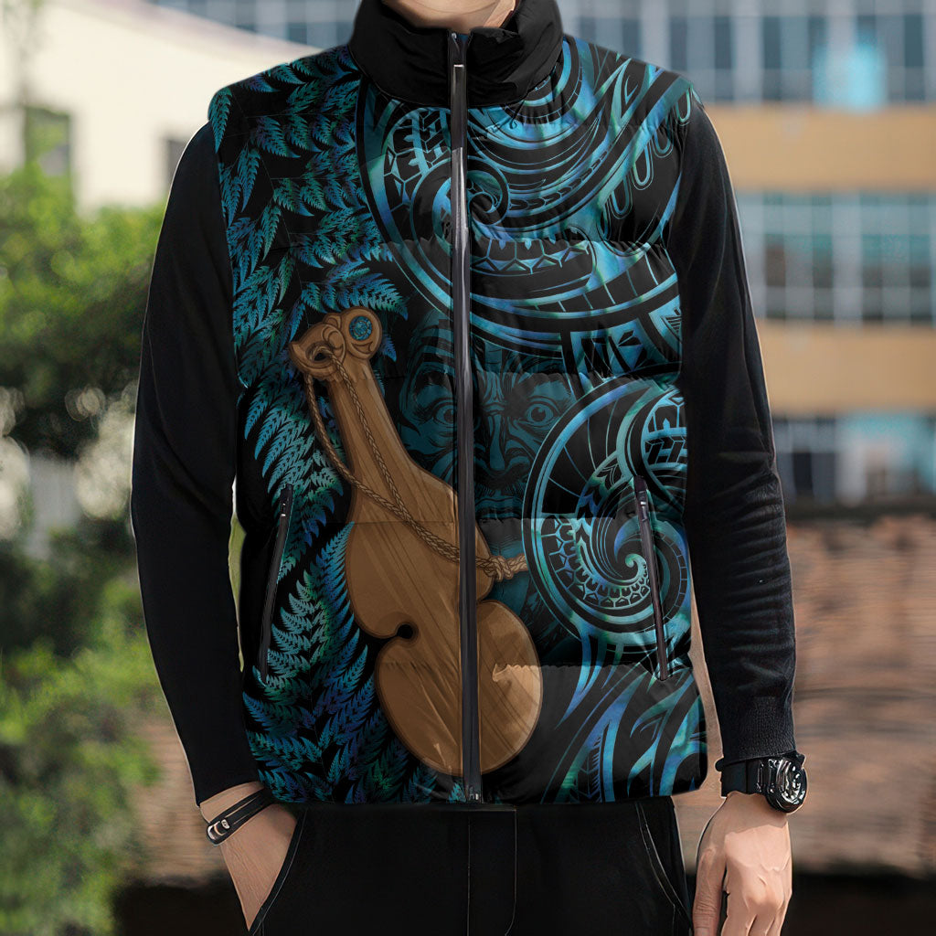 Kotiate New Zealand Sleeveless Puffer Jacket Maori Weapon Paua Shell Haka Fern
