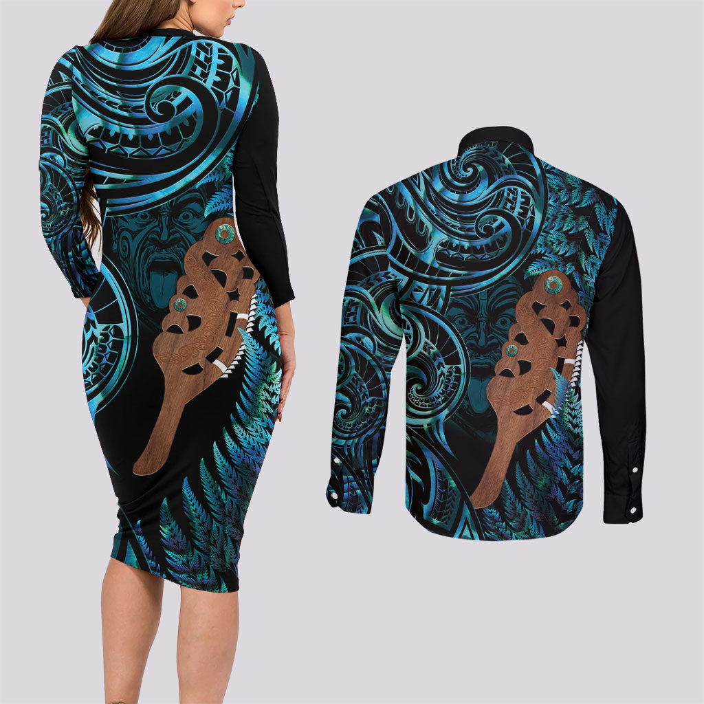 Maripi New Zealand Couples Matching Long Sleeve Bodycon Dress and Long Sleeve Button Shirt Maori Weapon Paua Shell Haka Fern