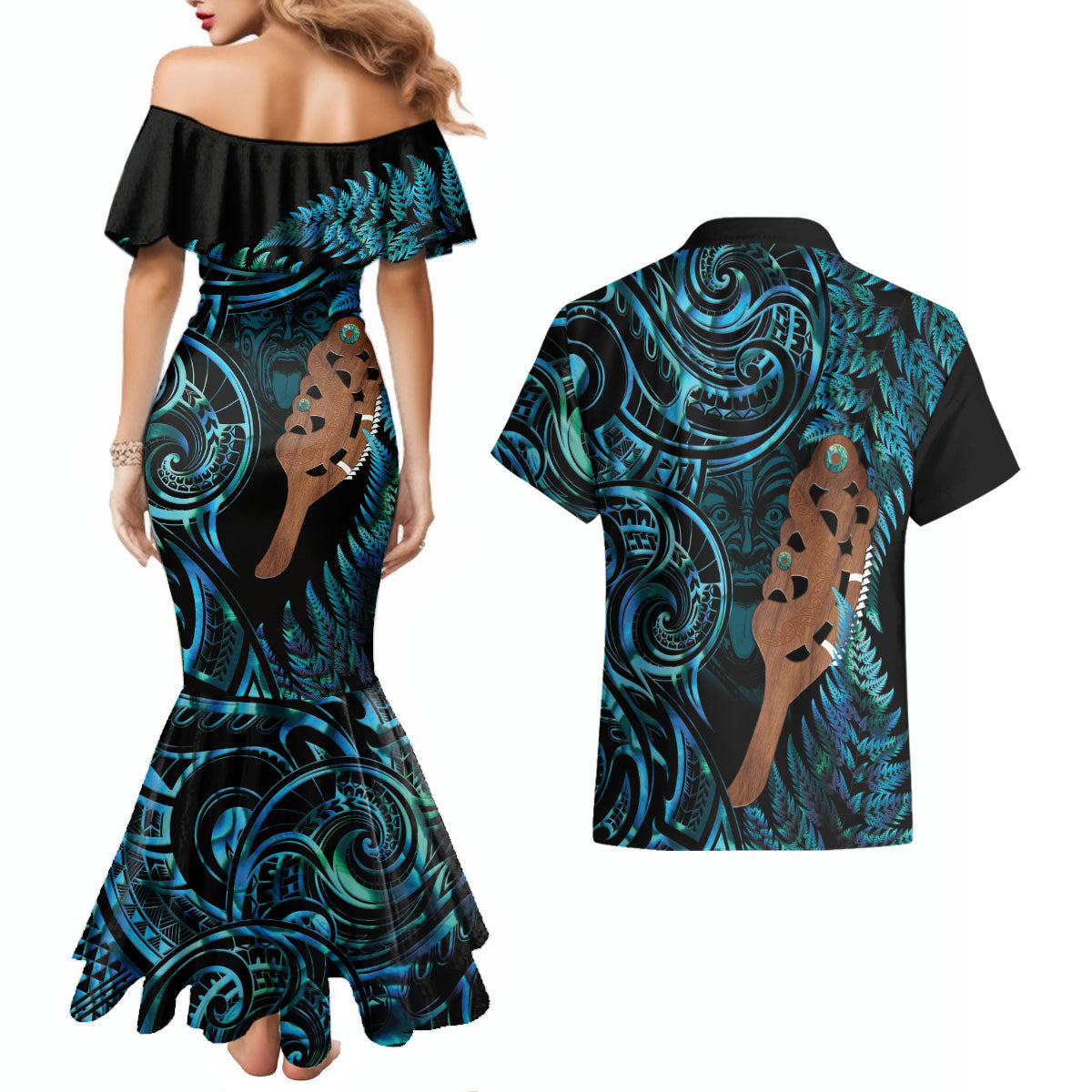 Maripi New Zealand Couples Matching Mermaid Dress and Hawaiian Shirt Maori Weapon Paua Shell Haka Fern LT14 - Polynesian Pride