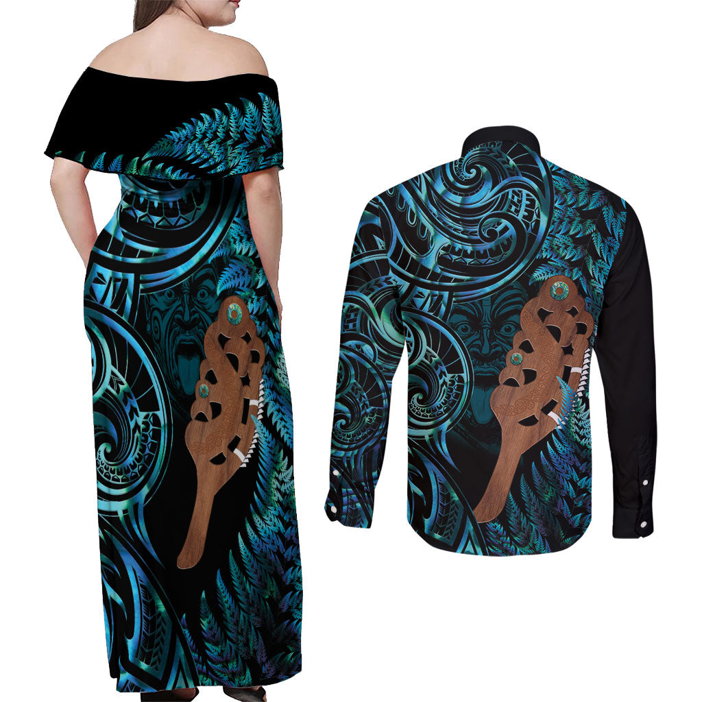 Maripi New Zealand Couples Matching Off Shoulder Maxi Dress and Long Sleeve Button Shirt Maori Weapon Paua Shell Haka Fern