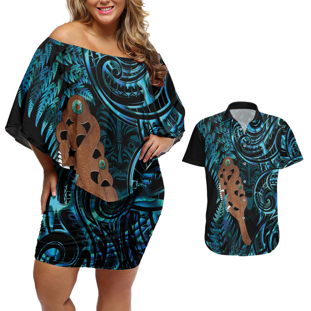 Maripi New Zealand Couples Matching Off Shoulder Short Dress and Hawaiian Shirt Maori Weapon Paua Shell Haka Fern LT14 Turquoise - Polynesian Pride