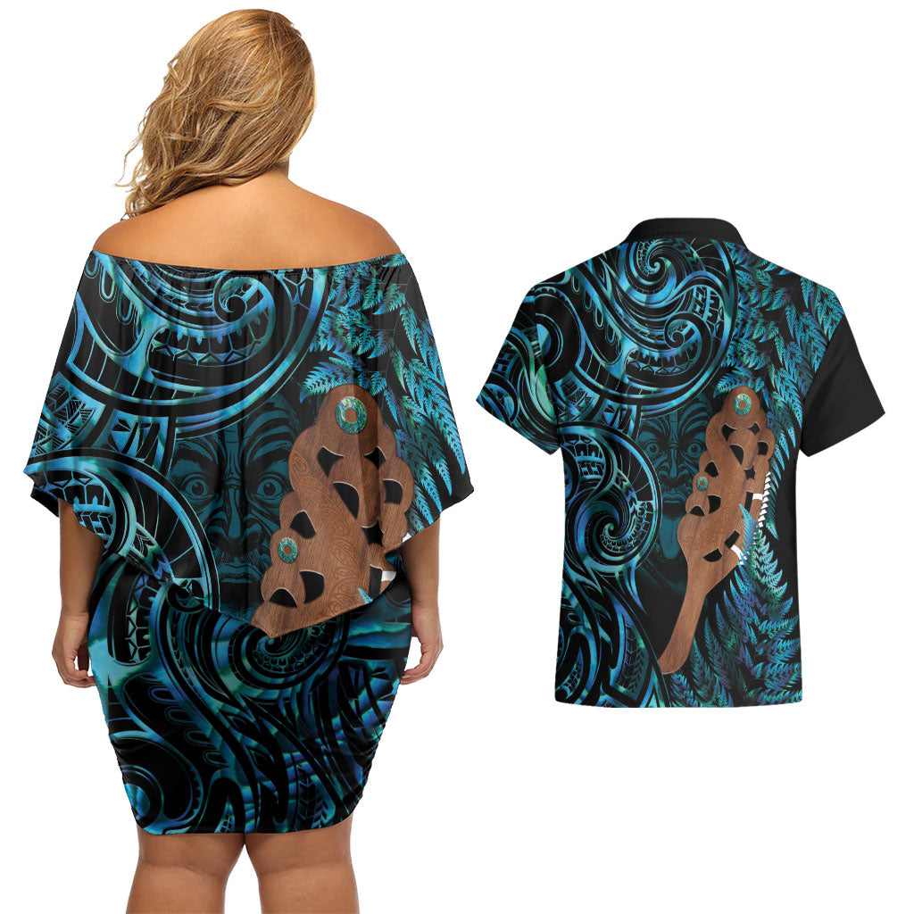 Maripi New Zealand Couples Matching Off Shoulder Short Dress and Hawaiian Shirt Maori Weapon Paua Shell Haka Fern LT14 - Polynesian Pride