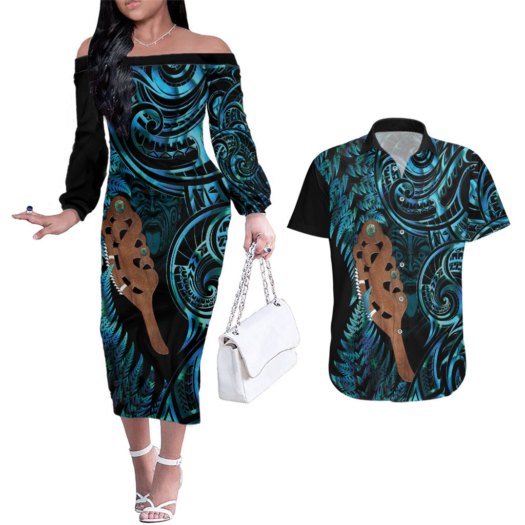 Maripi New Zealand Couples Matching Off The Shoulder Long Sleeve Dress and Hawaiian Shirt Maori Weapon Paua Shell Haka Fern LT14 Turquoise - Polynesian Pride