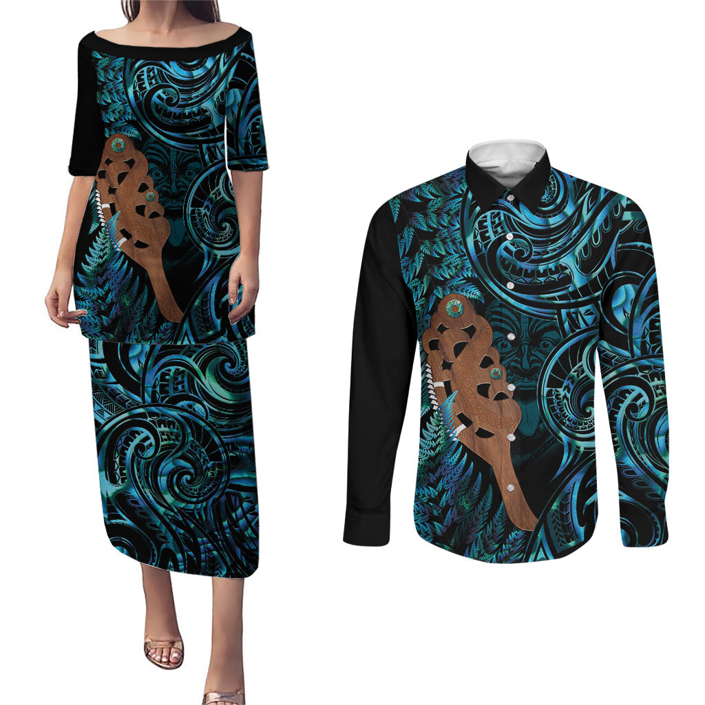 Maripi New Zealand Couples Matching Puletasi and Long Sleeve Button Shirt Maori Weapon Paua Shell Haka Fern