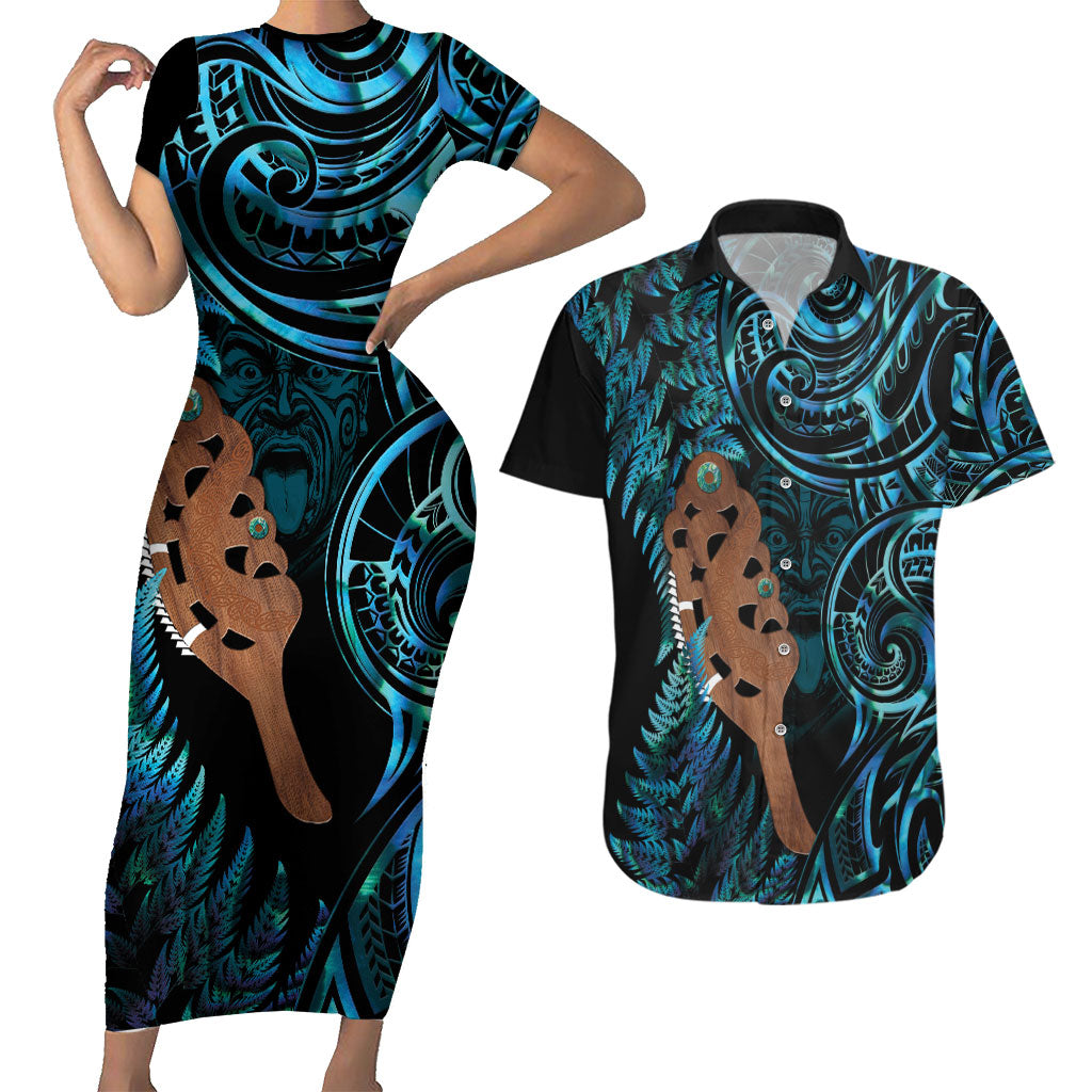 Maripi New Zealand Couples Matching Short Sleeve Bodycon Dress and Hawaiian Shirt Maori Weapon Paua Shell Haka Fern LT14 Turquoise - Polynesian Pride