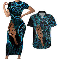 Maripi New Zealand Couples Matching Short Sleeve Bodycon Dress and Hawaiian Shirt Maori Weapon Paua Shell Haka Fern LT14 Turquoise - Polynesian Pride