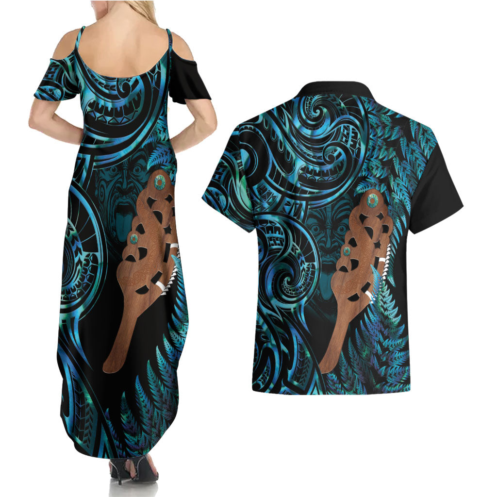 Maripi New Zealand Couples Matching Summer Maxi Dress and Hawaiian Shirt Maori Weapon Paua Shell Haka Fern