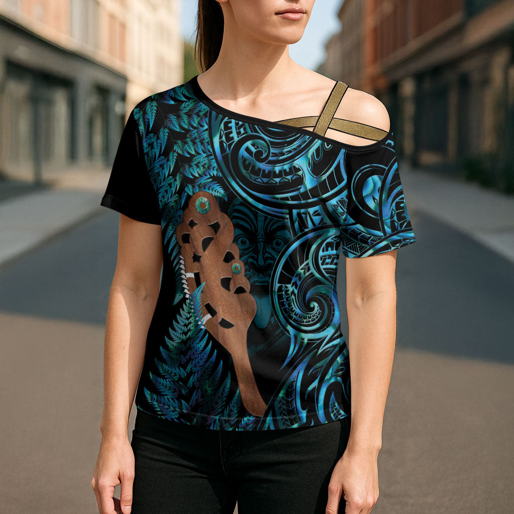 Maripi New Zealand Cross Shoulder Shirt Maori Weapon Paua Shell Haka Fern